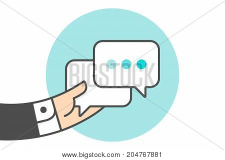 Icon of dialog messages. Two white boobles messages with text. Hand of businessman holds the messages icon. Icon of business dialog isolated on a blue circle in lines style. Vector Illustration