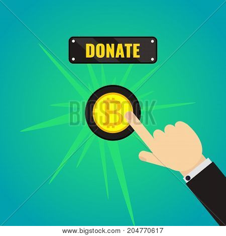 Man pressing bitcoin donate button. Giving money, fundraising concept. Internet banking, mobile payments. Touch, push, press symbol. Vector illustration
