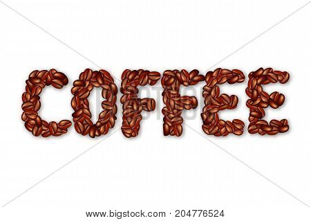 English word COFFEE made of realistic coffee beans. Isolated on white background. Vector illustration.