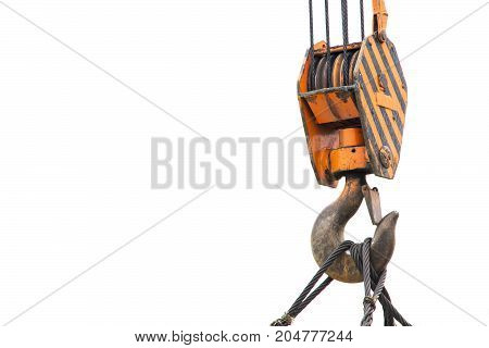 Isolated hook of a crane. Building. Lift up.