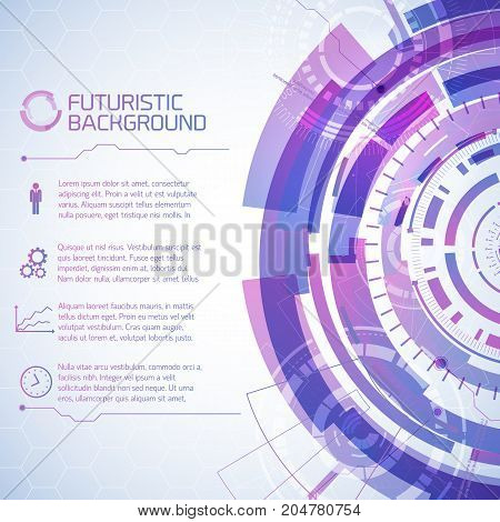 Virtual technology background with composition of futuristic round user touchscreen elements and text paragraphs with icons vector illustration