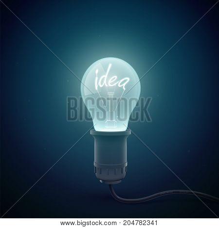 Creative conceptial background with glowing light bulb image in a dark room environment with luminant word idea inside vector illustration