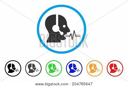 Operator Speech rounded icon. Style is a flat operator speech grey symbol inside light blue circle with black, gray, green, blue, red, orange color versions.