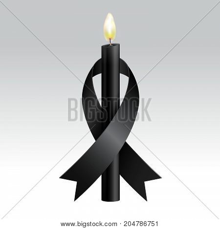 Black ribbon & Black candles mourning...Mourning and melanoma symbol...Vector realistic...Vector realistic.