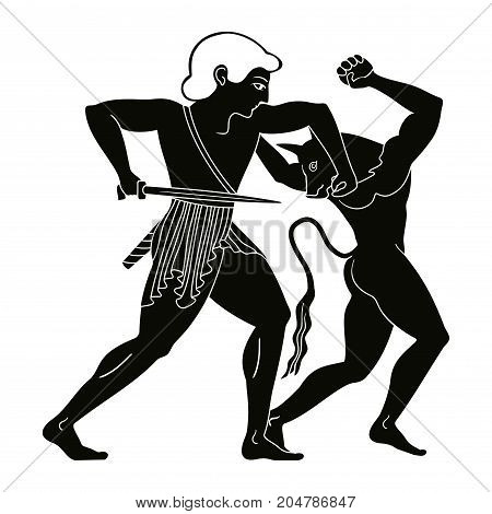 A warrior with a sword in his hands. Theseus kills the minotaur. Vector illustration in ancient Greek style.