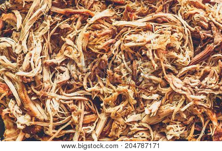 Pulled Pork From Oven In Glass Bowl Ready For Serving.