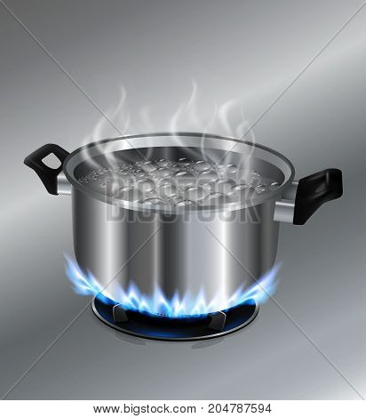 Stainless steel pot boiling water. On the gas stove...Vector realistic file.