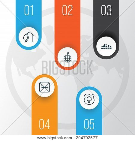 Eco Icons Set. Collection Of Home, Timber, Ocean Wave And Other Elements