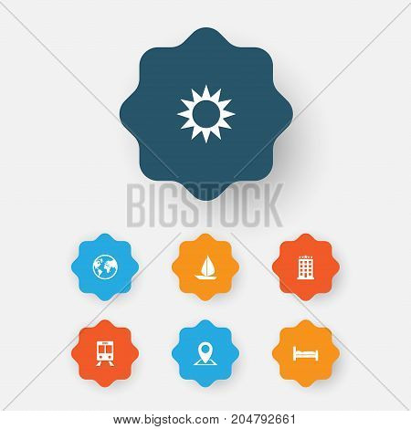 Traveling Icons Set. Collection Of Doss, Sunny, Boat And Other Elements