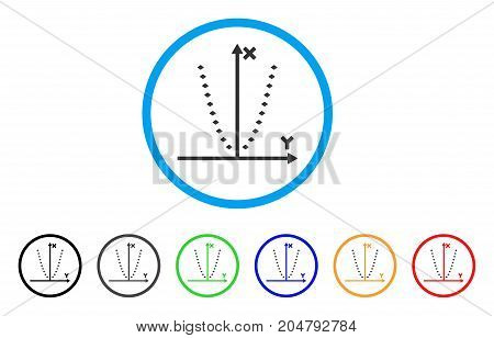 Dotted Parabola Plot rounded icon. Style is a flat dotted parabola plot grey symbol inside light blue circle with black, gray, green, blue, red, orange variants.