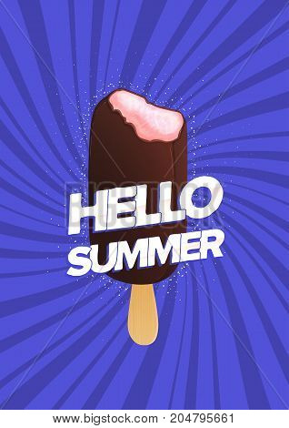 Modern poster template with bitten ice cream on stick and Hello Summer inscription against purple background. Ice pop covered with chocolate glaze, seasonal frozen snack. Colorful vector illustration