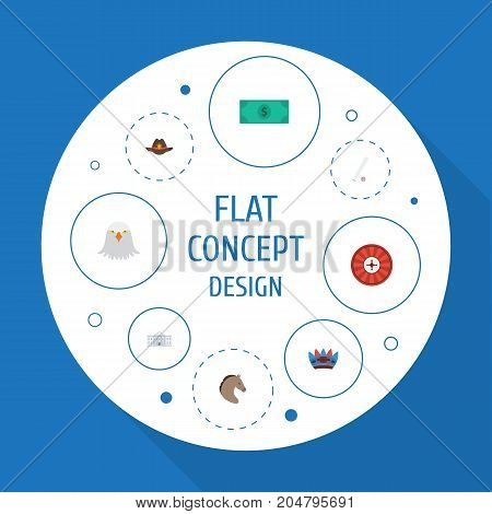 Flat Icons White House, Cowboy, Bird And Other Vector Elements
