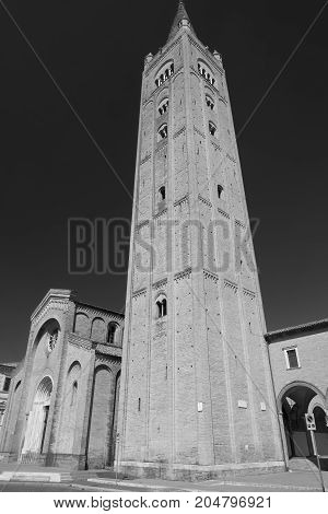 Forli (Emilia Romagna Italy): the Aurelio Saffi square with church of San Mercuriale and other historic buildings. Black and white
