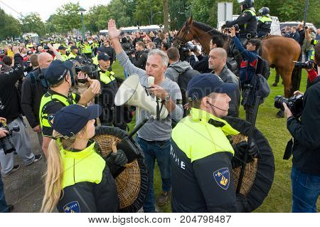 ENSCHEDE THE NETHERLANDS - SEPT 17 2017: Frontman Edwin Wagensveld of Pegida during an anti islam demonstration. Pegida is a group of people who are against the islamization of Europe.