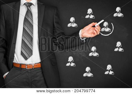 Recruit and hire human resources (HR) concept. Marketing segmentation, targeting, personalization, individual, customer care (service), customer relationship management (CRM) and leader concepts.