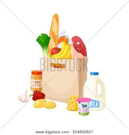 Grocery bag dairy meat fish potato veggies cheese and baguette. Vector illustration cartoon flat icon isolated on white.