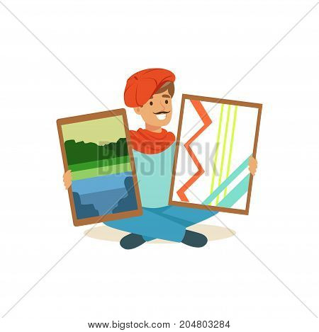 Smiling male painter artist character with mustache wearing red beret sitting on the floor holding his paintngs vector Illustration on a white background