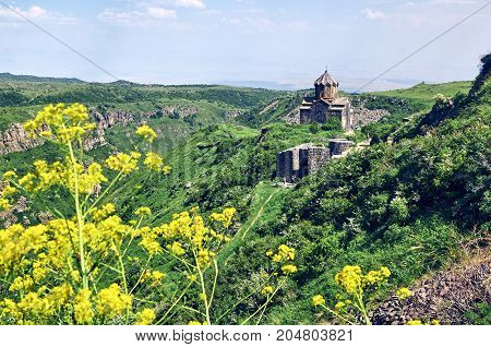 View of the ancient orthodox church in medieval fortress Amberd in Armenia