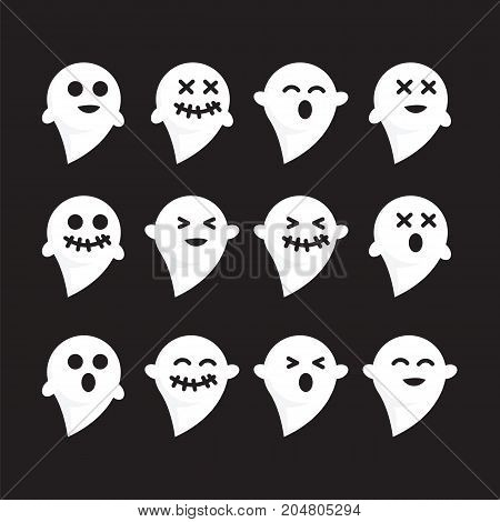 Pattern set emotions white ghost on black bacground vector image. Varied emotions pattern funny white ghost halloween vector