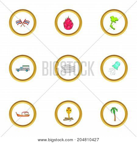 Thailand culture icons set. Cartoon style set of 9 Thailand culture vector icons for web design