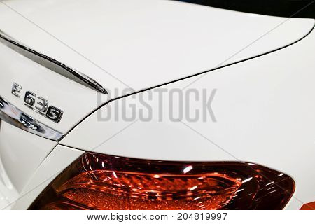 Sankt-Petersburg Russia July 21 2017: Back view of a Mercedes Benz E 63s AMG 2017. Rear light. Car exterior details. Photo Taken at Royal Auto Show July 21