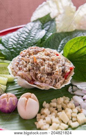 close up shrimp paste sauce and vegetables