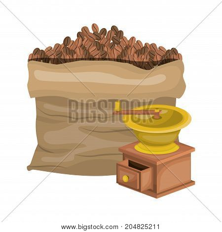 bag of coffee beans and griding with crank in realistic colorful silhouette on white background vector illustration