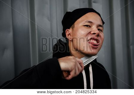 Psychosis Killer Man Holding Knife On Neck