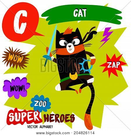Super Big Set. Cute Vector Zoo Alphabet With Animals In Cartoon Style.letter C-cat In Superheroes Co