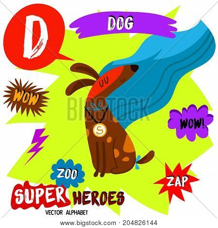 Super Big Set. Cute Vector Zoo Alphabet With Animals In Cartoon Style.letter D-dog In Superheroes Co