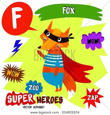 Super Big Set. Cute Vector Zoo Alphabet With Animals In Cartoon Style.letter F-fox In Superheroes Co