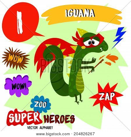 Super Big Set. Cute Vector Zoo Alphabet With Animals In Cartoon Style.letter I-iguana In Superheroes