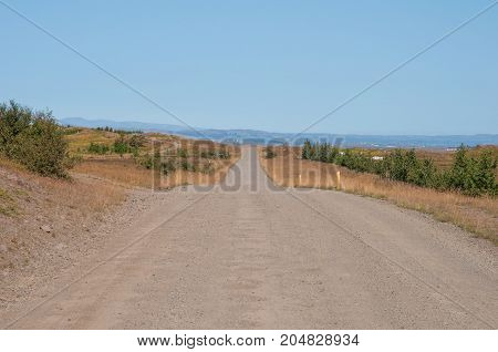 Icelandic countryside road in Borgarfjordur on a sunny day