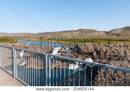 Sightseeing Platform Near Waterfall Glanni In Nordura River In Borgarfjordur In Iceland