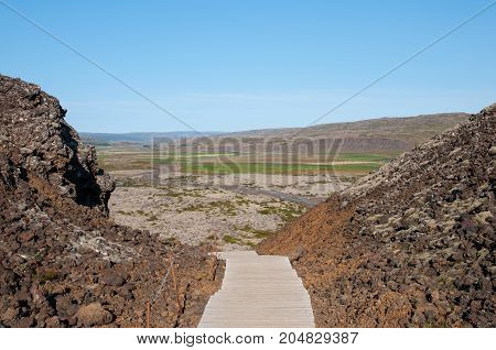 Stair Towards The Crater Of Grabrok Mountain In West Iceland