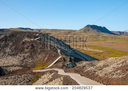 Stair Towards The Crater Of Grabrok Mountain In West Iceland