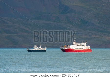 Whale Watching Boats In Eyjafjordur Iceland