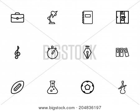 Set Of 12 Editable Education Outline Icons. Includes Symbols Such As Ball, Treble Clef, Classbook And More