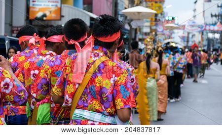 Hat Yai Songkhla Thailand. April 11 2017 : April 11 2017: Midnight Songkran Festival in Hat Yai Songkhla Thailand Unidentified peoples will wear bright clothes in the Songkran Festival parade.