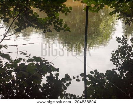 a pole rising out of the lake surface