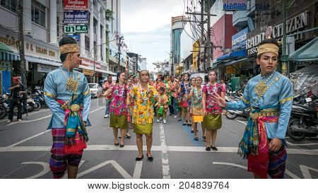 Hat Yai Songkhla Thailand. April 11 2017 : April 11 2017: Midnight Songkran Festival in Hat Yai Songkhla Thailand Unidentified peoples will wear bright clothes in the Songkran Festival parade.