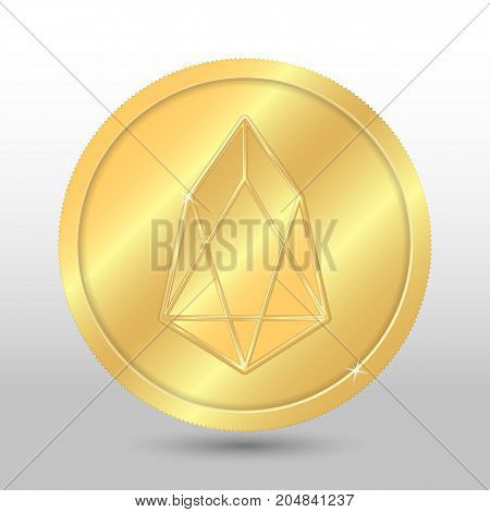 Gold vector eos coin on a gray background. Virtual currency