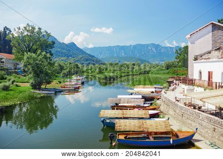 skadar lake with boats. tour skadar lake. montenegro