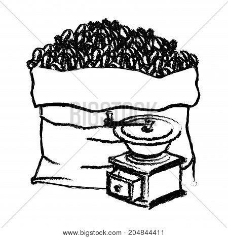 Bag Of Coffee Beans And Griding With Crank Monochrome Blurred Silhouette Vector Illustration Bag Of Coffee Beans And Griding With Crank Monochrome Blurred Silhouette Vector Illustration