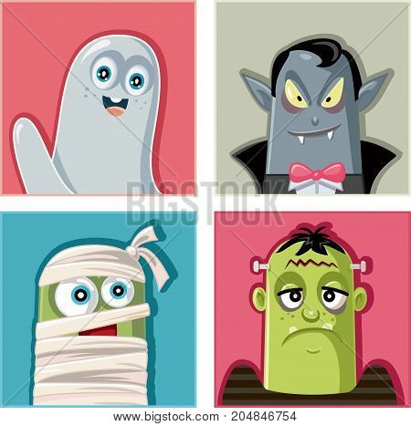 Halloween Monsters Characters Vector Illustration Set - Funny collection of horror cartoon characters and creatures