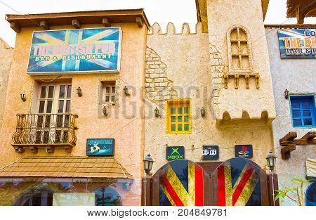Sharm el Sheikh -April 12, 2017: The British pub outside front without people at Sharm el Sheikh -April 12, 2017