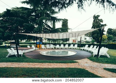 Beach Hotel Resort With Pool At Dawn