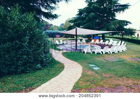 Beach Hotel Resort With Pool At Dawn