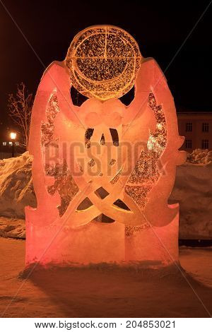 Russia Izhevsk - January 29 2017:Ice sculpture is standing in the square near the Svyato Mikhaylovsky sobor. Christmas holidays.