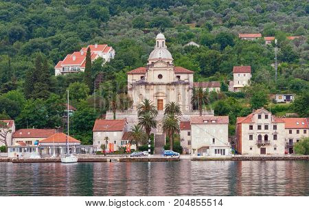 View of embankment of Prcanj town from the sea.Montenegro